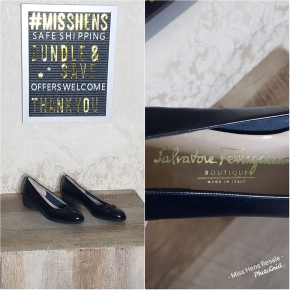 SALVATORE FERRAGAMO RARE DRK BLUE 3D LOGO HEELS - Picture 2 of 9